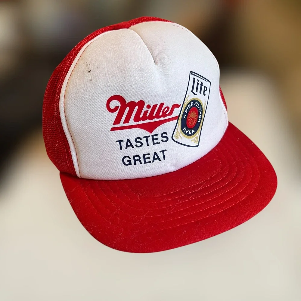 VTG 80s Miller Lite Trucker Hat KOREA OSFA Red White‎ Tastes Great Mesh Snapback